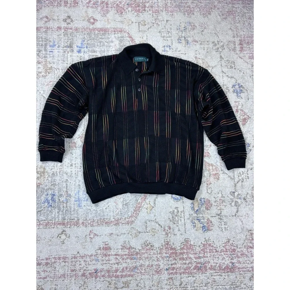 Vtg Tundra Canada 3D Knit Sweater Men's XXL  Black Multicolor 90's Biggie Cosby